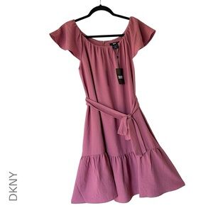 NWT DKNY FLUTTER SLEEVE DRESS RUFFLE HEM TIE WAIST ROSE | SIZE 4